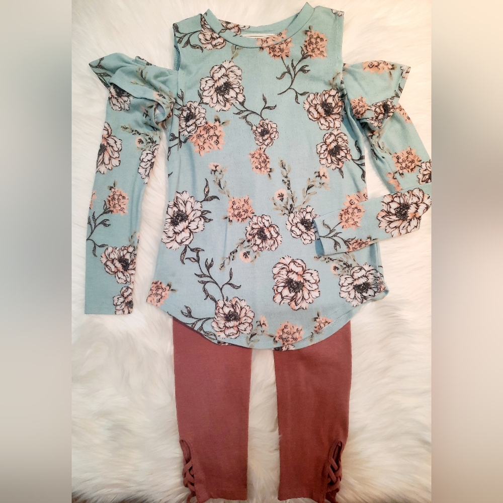 Girls 2 Pc Top/leggings Set - Floral Top:Size 10/12 Leggings: Size 8